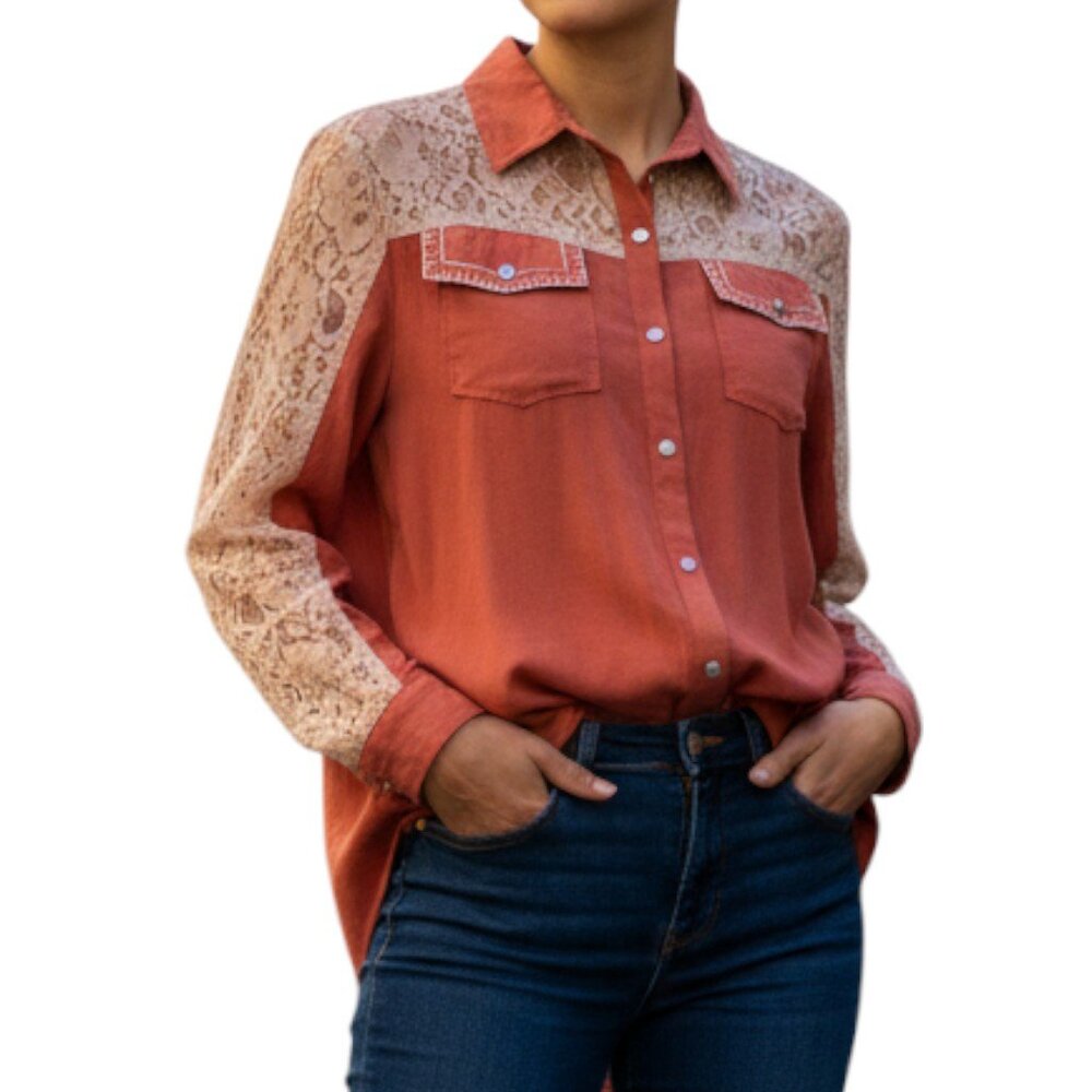 Tasha Polizzi Rust Orange Lace Yoke Button-Down Shirt